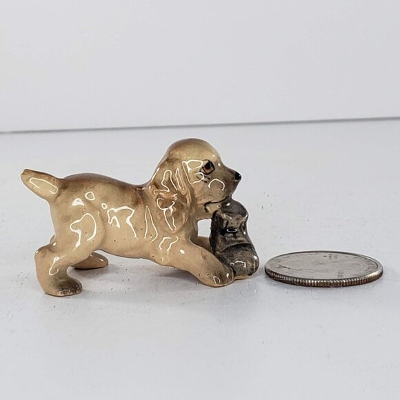 Lefton Cocker Spaniel Puppy Holding Boot Slipper Shoe Miniature Figurine Vintage - Picture 2 of 8